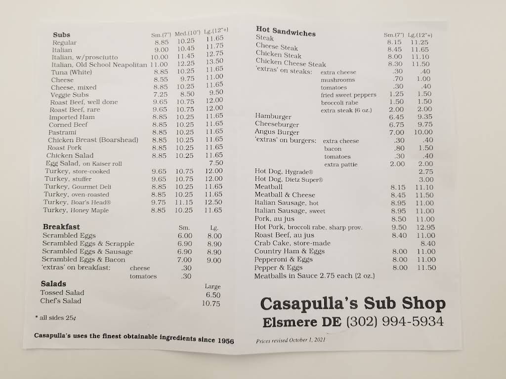 CASAPULLA ELSMERE original STEAK and SUB SHOP Menu 1